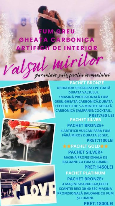 Fum greu,gheață carbonică,artificii vulcan,sori rotitori,baloane fum