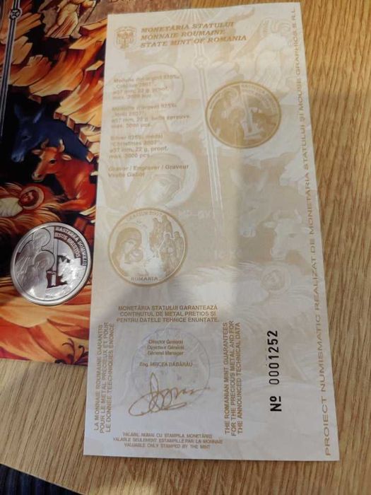 Medalie moneda BNR de Argint 925%, Editie Craciun 2007, 37mm,proof.22g
