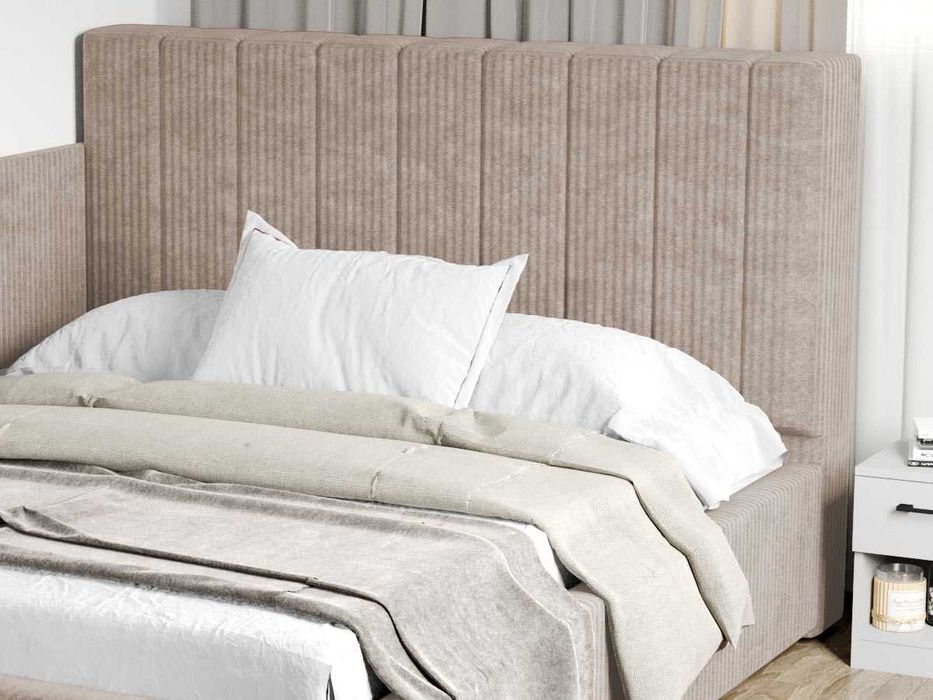 Pat Tapitat de colt Adam Bej Poso 02 cu somiera rabatabila si lada