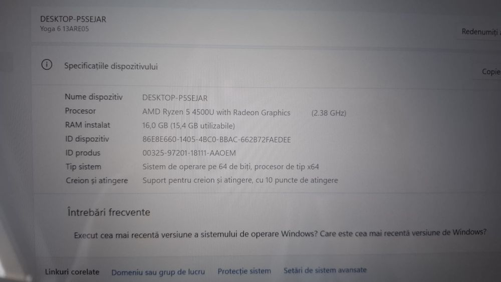 Laptop Lenovo Yoga 6, Ryzen 5 4500U, 16GB RAM, Touchscreen, Stare buna