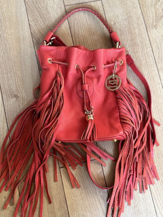 Roberta Biagi италианска кожена червена чанта с ресни отлична