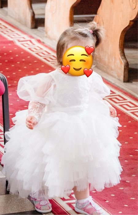 Rochie alba fetita cu trena tip mireasa 1-2ani