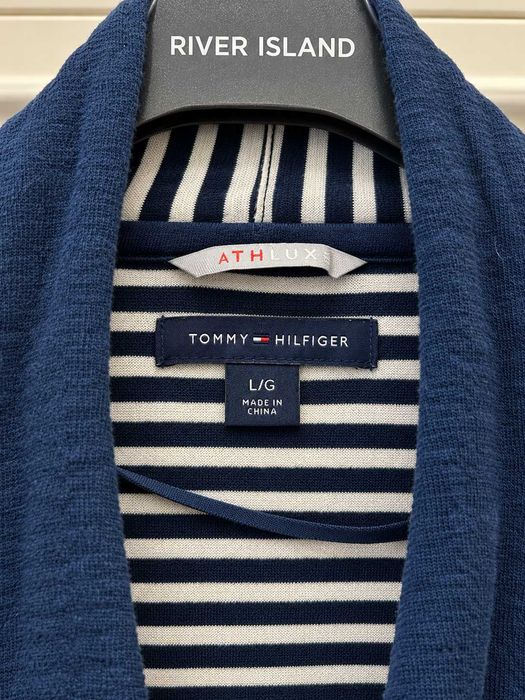 Cardigan damă Tommy Hilfiger bleumarin, bumbac și viscoză, model deschis cu interior în dungi, Mărimea L