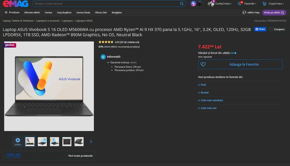 Laptop Asus Vivobook S 16 OLED 3.2K 120Hz, AMD Ryzen AI 9 HX 370, 32gb ram ddr5, 1Tb ssd,