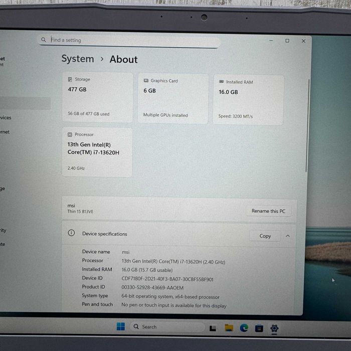 Laptop MSI THIN 15 I7-13620H RTX 4050 6GB  Zeus Amanet Vitan 3776