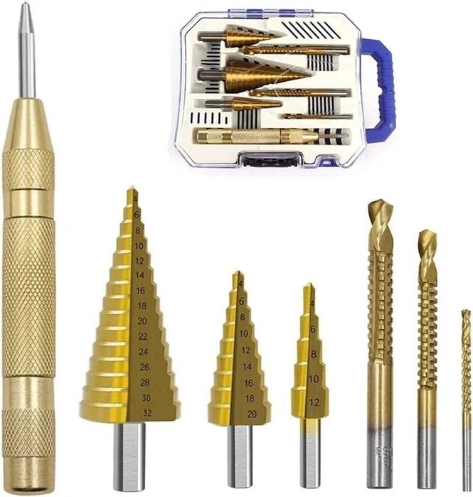 Боркорони стъпкови свредла 7в1 за конусни дупки + автоматичен център