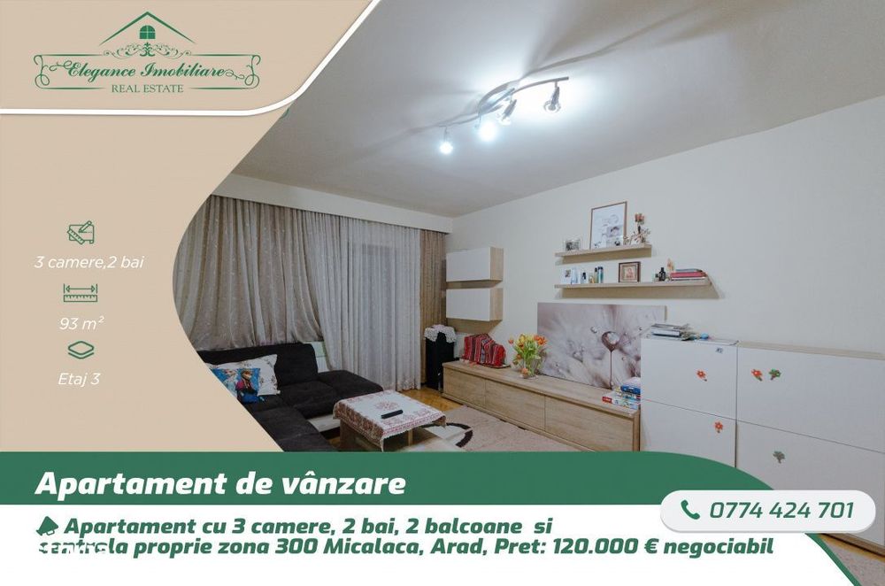 Apartament cu 3 camere si centrala prorpie, zona 300 Micalaca, Arad