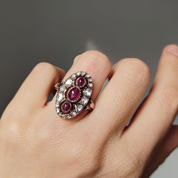 inel antique cca 1900, aur 14k, rubine, diamante, certif.