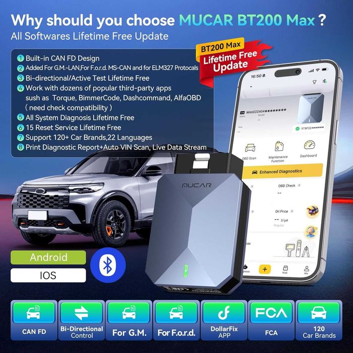 OBD2 скенер MUCAR BT200 Max Bluetooth AI диагностика