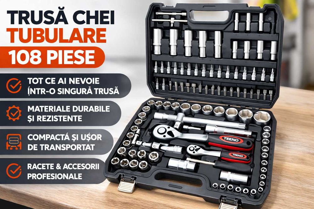 Trusa chei tubulare 108 piese profesionala completa