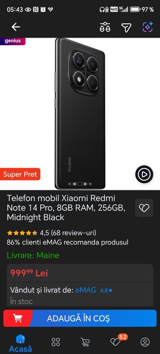Telefon mobil Xiaomi Redmi Note 14 Pro, 8GB RAM, 256GB, Midnight Blac