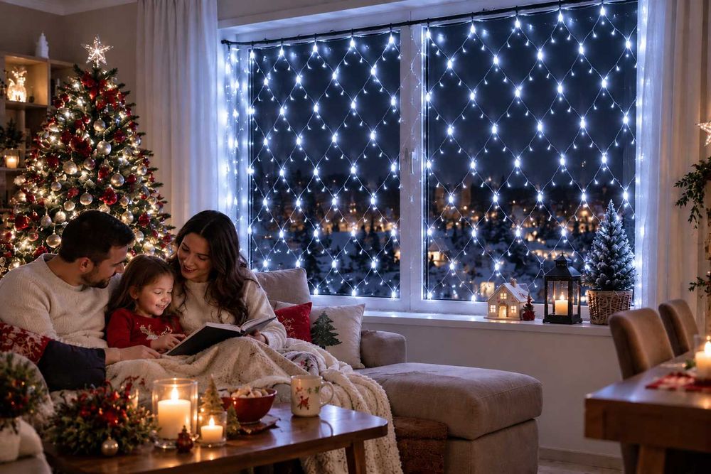 коледни лампички LED мрежа 1.5м х 1.5м 144 Диода с 8 шоу програми в студено бяла светлина