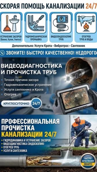 Видео диагностика Телеинспекция Эндоскоп Гидродинамическая промывка