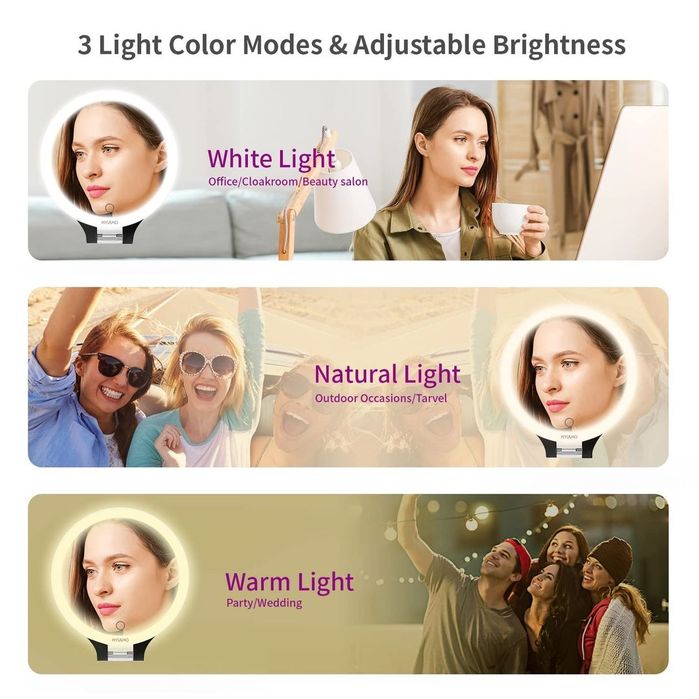 Oglinda cosmetica cu doua fete, 1x / 10x și 3 moduri iluminare