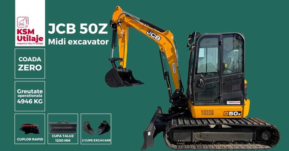 NOU! Midi Excavator JCB 50Z Coadă Zero | 5 Tone | AC | Perkins |