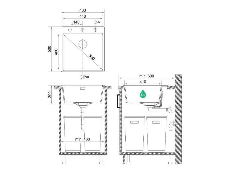 Кухненска Мивка от гранит модел Осло 50 XXL 490 x 500 mm - графит