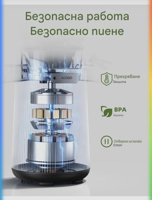 Бавно оборотна сокоизстисквачка ACOQOOS, улей  135 мм за  плодове и зеленчуци,1,8л,2 чаши,300W,бавно смилане, висок добив, лесна за почистване,
