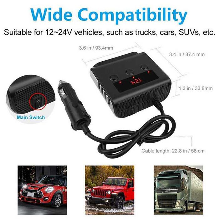 Адаптер за запалка за кола, разклонител за автомобил, 120W, 12V, 24V, Сплитер, 3 гнезда, букса, 4 USB, зарядно, дисплей, 12 волта, 24 волта, за камион