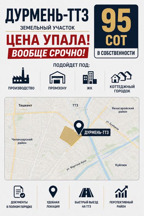 ВЫКУП БОМБА ПродажаСТРОИТЕЛЬСТВО КИБРАЙ ТТЗ-Дурмень - 95сот 160м фасад