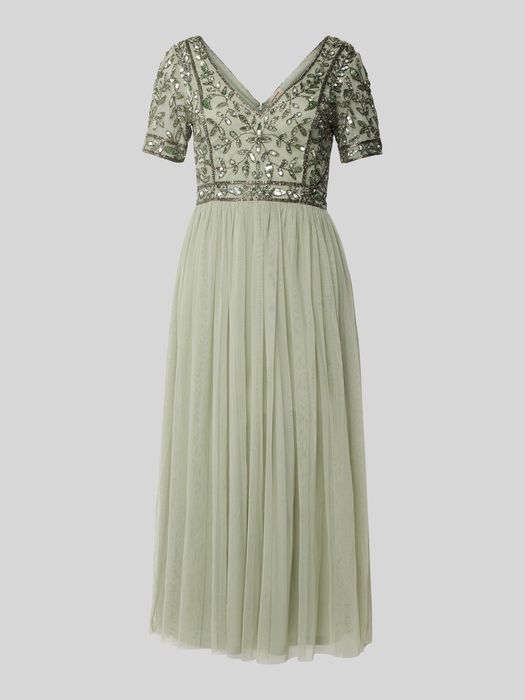 Официална рокля Lace&beads лъскава пайети и тюл зелена S рамер