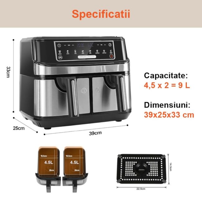 Air fryer NOU+Carte de retete.Friteuza dubla cu aer cald