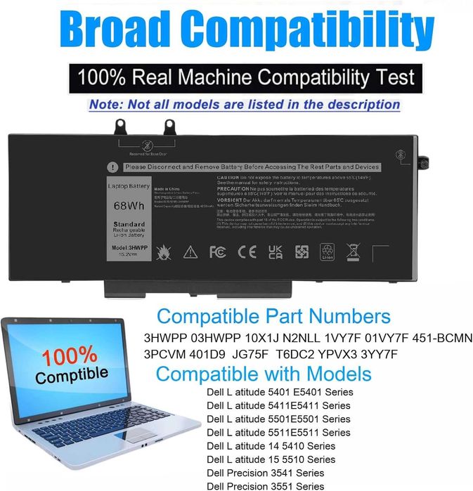 HJTPOWER 3HWPP Батерия за лаптоп Dell Latitude 14 15 Precision 3541