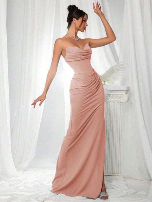 Чисто нова Елегантна, официална, дълга розова рокля с цепка, размер L  Л, за бал или гост на сватба