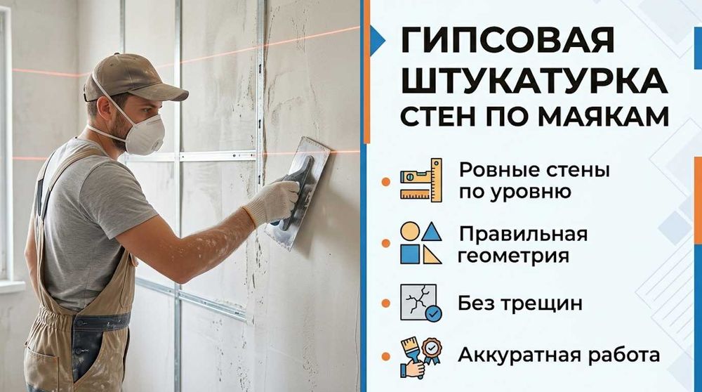 Штукатурка стен Алматы. Ровные стены по маякам. Выравнивание стен