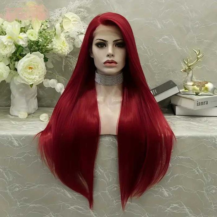 Дълга права тъмно червена бордо перука с дантела лейс фронт LACE FRONT