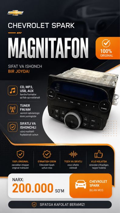 Chevrolet Spark Original Magnitafon | USB, AUX, CD | Ideal holatda !