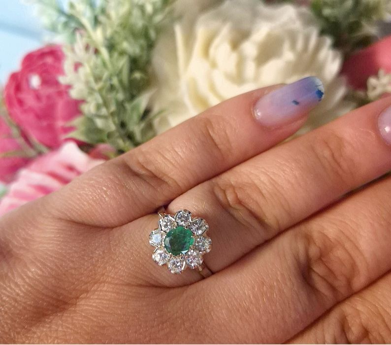 Inel din perioada edwardiana din aur de 14K cu smarald si diamante naturale