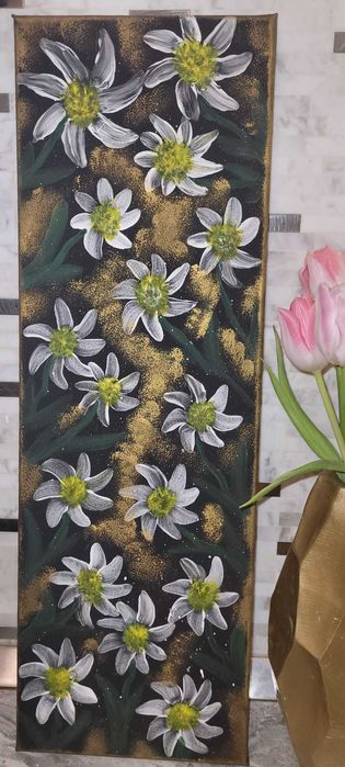 Tablou pictat manual-Flori albe pe canvas