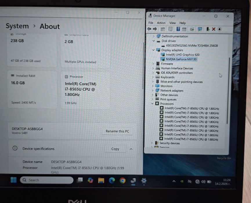 14' IPS Dell Vostro Core i7-8565U/16GB DDR4/NVIDIA MX130 2GB/256GB SSD