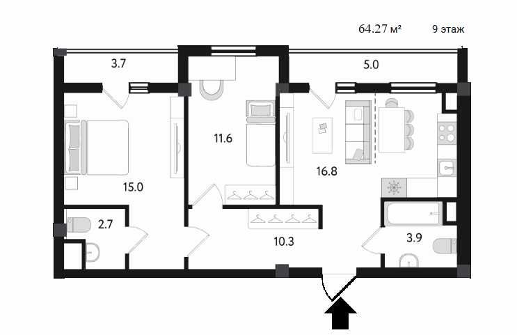 ЖК "Parkent plaza". 3-комнатная, 64.2 м², Паркентский, Корзинка
