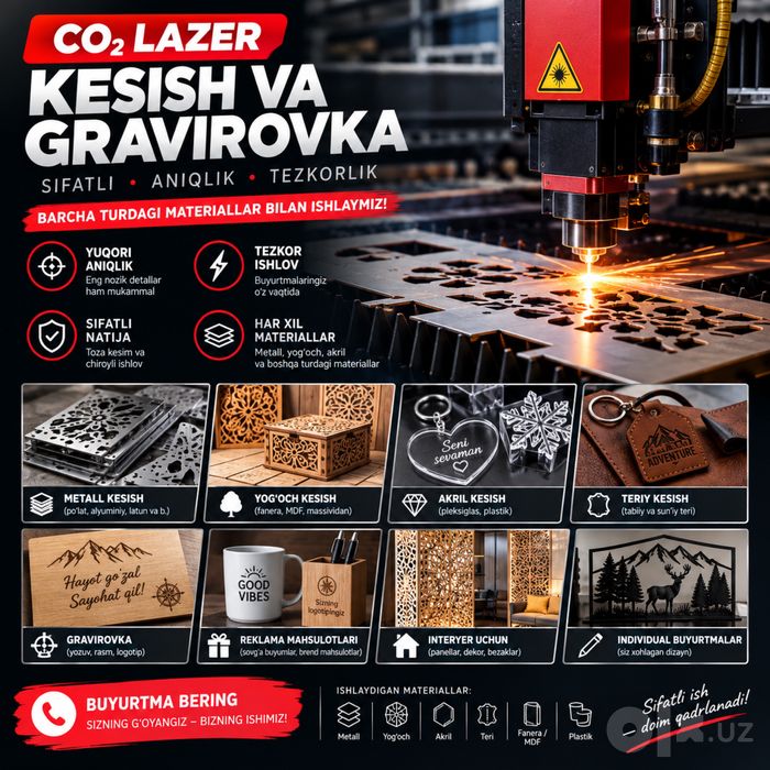 CO₂ Lazerda Kesish va Gravirovka Xizmatlari | Buyurtma Asosida