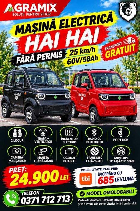 Triciclu electric cu CIV FARA PERMIS HAI HAI masina electrica Agramix