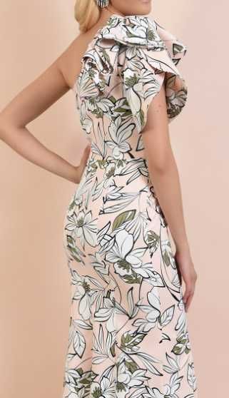Rochie midi roz cu flori albe pe o parte NOUA