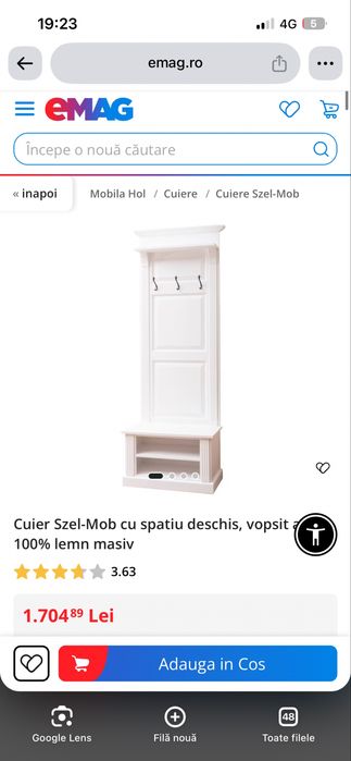 Cuier alb hol lemn masiv 3 cuiere