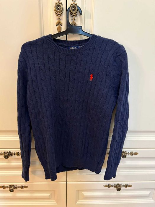Pulover Ralph Lauren bleumarin, model cablu, logo roșu – mărimea L