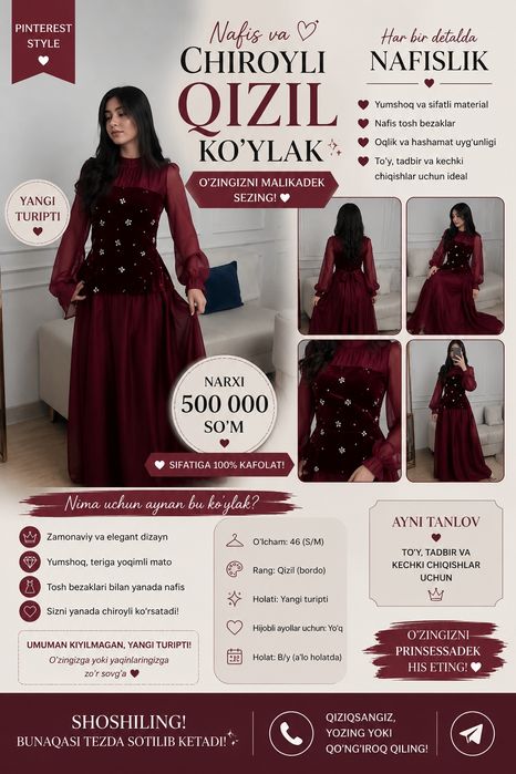 Pinterest uslubidagi nafis qizil ko'ylak narxini kelishamiz