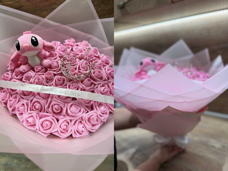 Букет от розички за любим човек със Стич с персонализирана лента