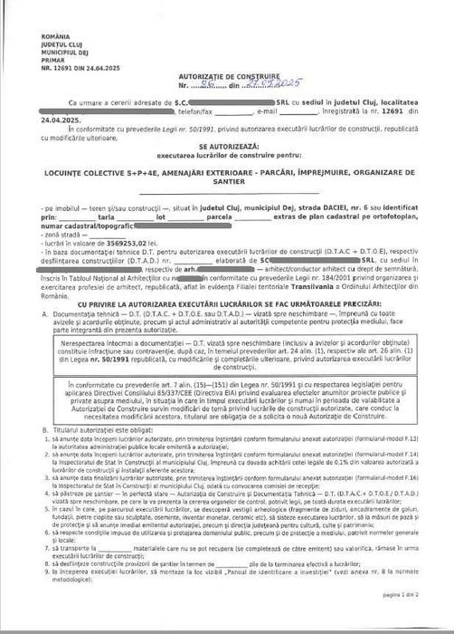 Teren 3250 mp cu AUTORIZATIE DE CONSTRUIRE imobil cu 30 de apartamente