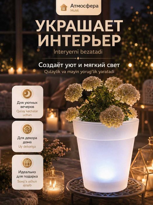 Кашпо горшок для цветов с LED-подсветкой, авто-включение 0,9л, 2шт