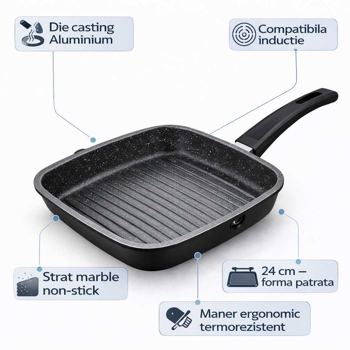 Tigaie grill patrata Royalty Line 24 cm fara capac