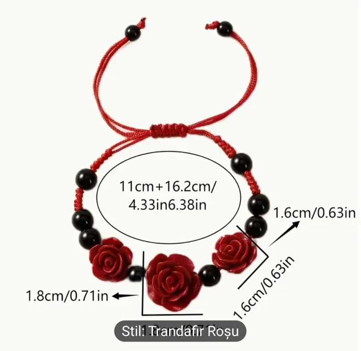 Set de colier și brățară din rășină vintage cu trandafiri roșii