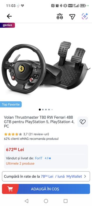 Volan Thrustmaster T80 RW Ferrari 488GTB pentru PlayStation 5 + suport