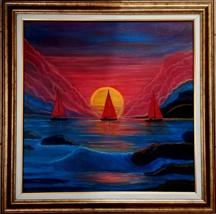 Tablou peisaj marin,  pictat manual pe pânză,  50x50  cm
