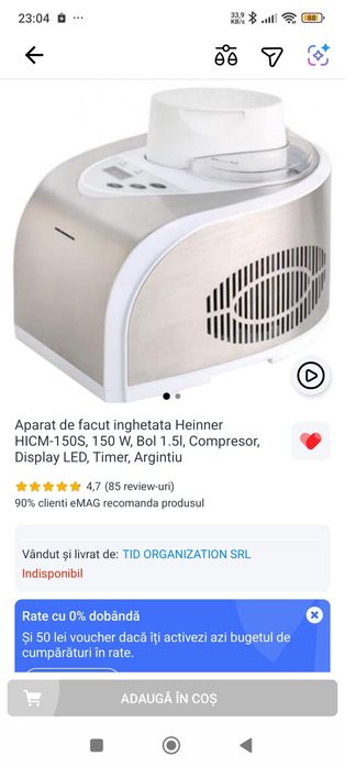 Vând aparat de înghețată cu compresor