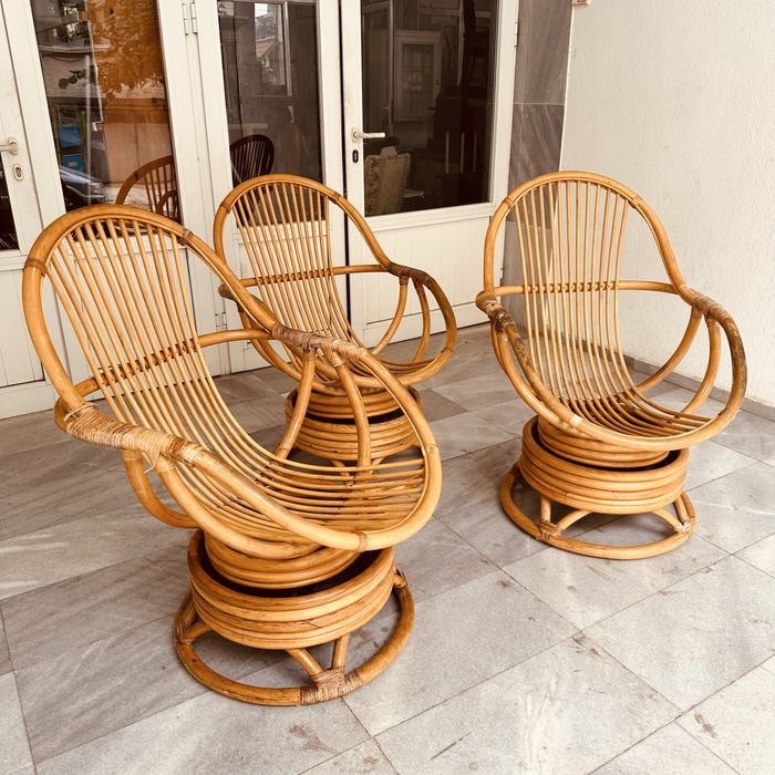 Винтидж шведски ротангови въртящи се столове (комплект 3 бр.)