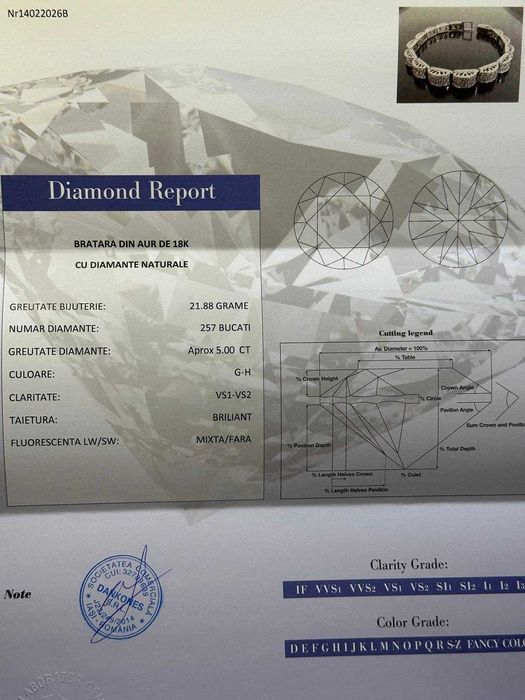 BRATARA AUR alb 18K + 257 Diamante Top = 5CT - 22g. - Tip TENNIS + Certificat !